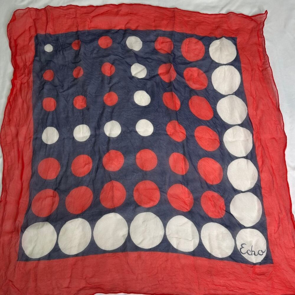 Vintage Echo Navy Blue Square Scarf with Polka Dots